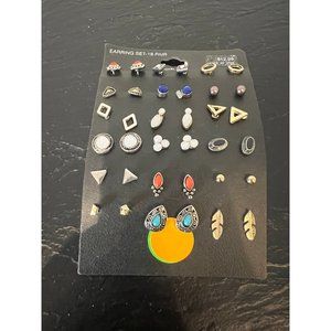 Women's Earring Eighteen Pack with Cactus, Cabs, Leaf and Moon-Multicolored